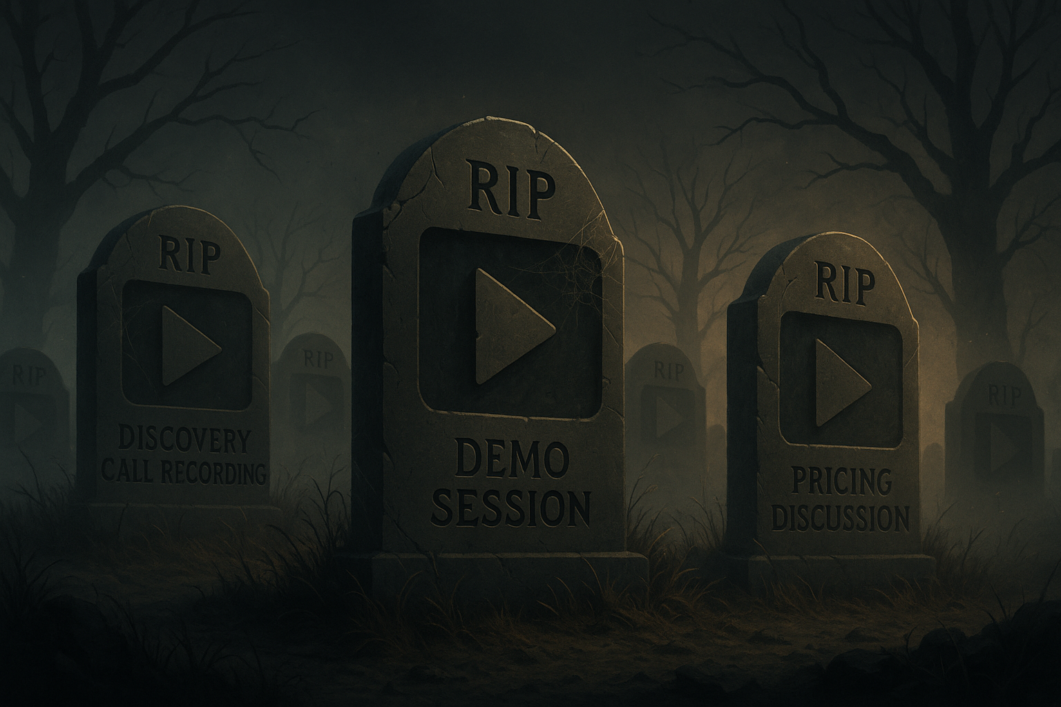 Graveyard scene with tombstones shaped like play buttons, with Fathom recordings as RIP markers
