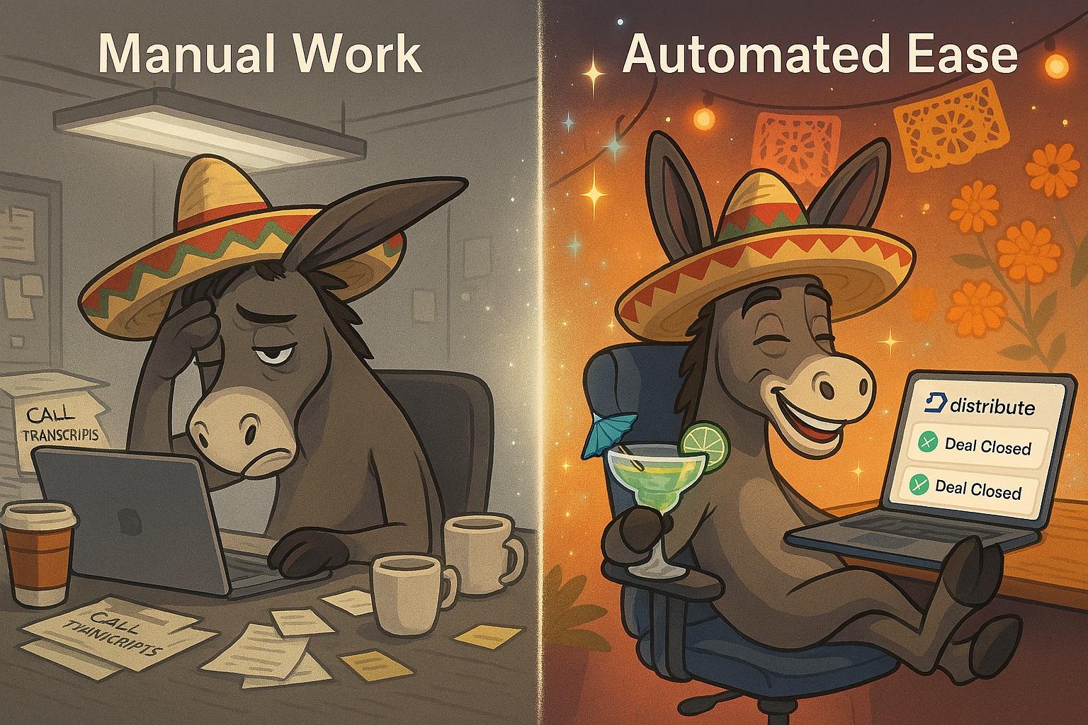 Split screen comparison - Left: Rep manually creating follow-up materials while looking tired. Right: Same rep clicking once and relaxing with a margarita while deals close