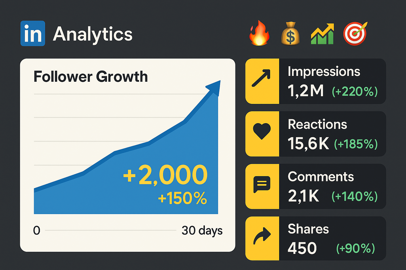 LinkedIn analytics showing follower growth and engagement metrics