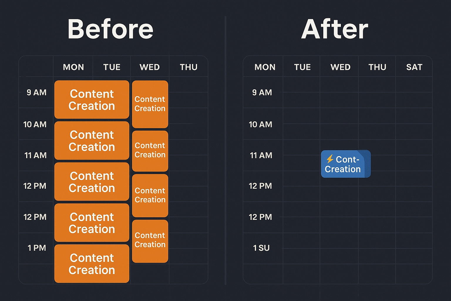 Before/after showing calendar blocked with content creation vs. clean calendar with one 10-min block