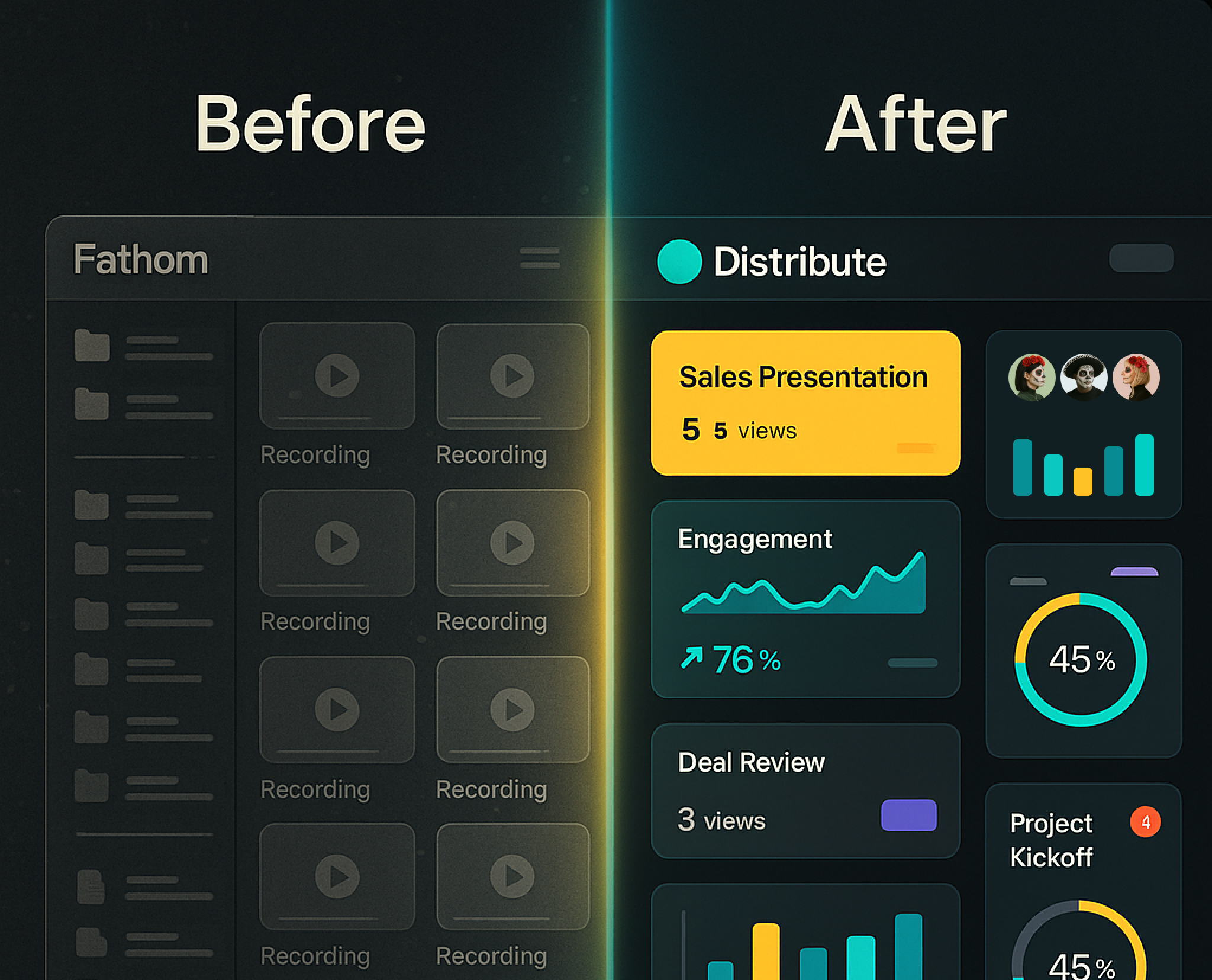 Before and after comparison - Left side shows cluttered Fathom library, right side shows organized digital sales rooms with engagement metrics